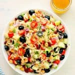 Pasta and veggies in a bowl.