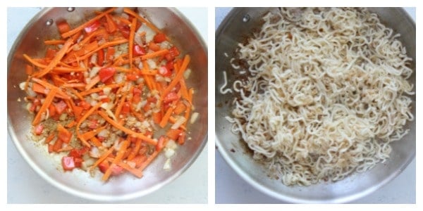 Chopped vegetables and noodles in pan.