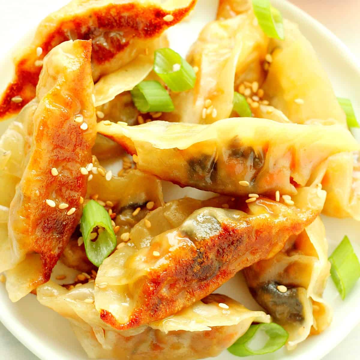 Potstickers on a white plate.