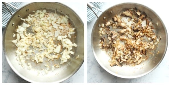 Sauteed onion and mushrooms in skillet.