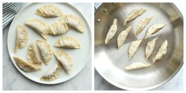 Dumplings on a plate and in skillet.