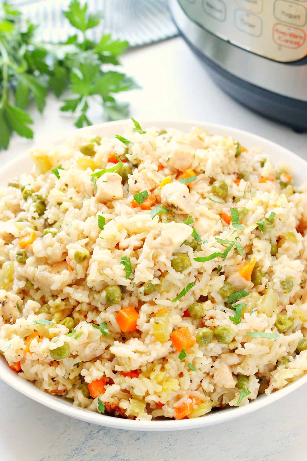 Chicken and rice in a bowl next to Instant Pot.