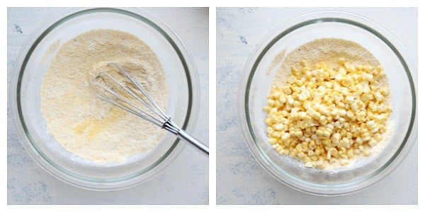 Dry ingredients and fresh corn in a bowl.