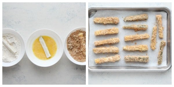 Steps for breading and baking zucchini fries.