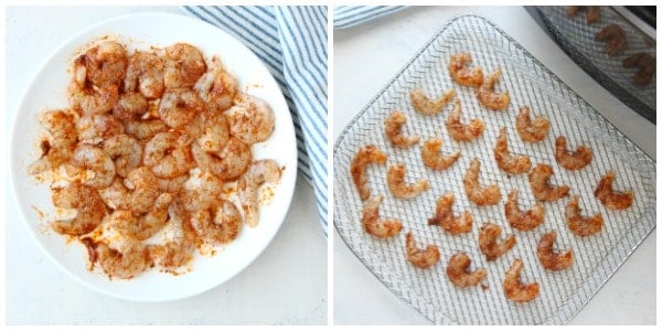 Seasoned shrimp on air fryer rack.