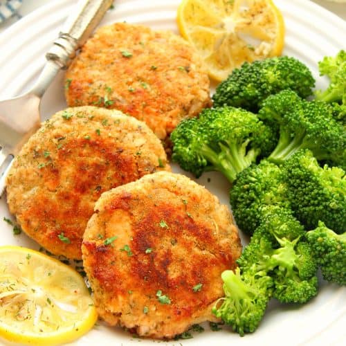 Salmon cakes on a plate.