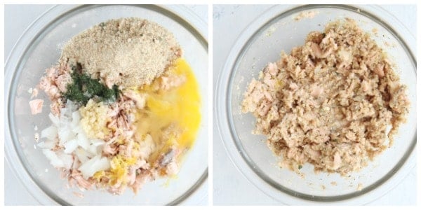 Making salmon patty mixture in a bowl.