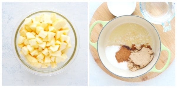 Chopped apples in a bowl and seasoning in a pot.