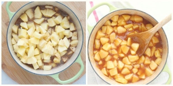 Apples and sugar mixture in a pot.