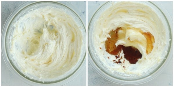 Whipping butter with honey in a glass bowl.