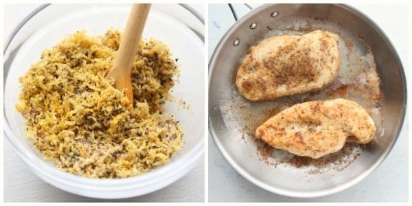 Seasoning and sauteing chicken in skillet.