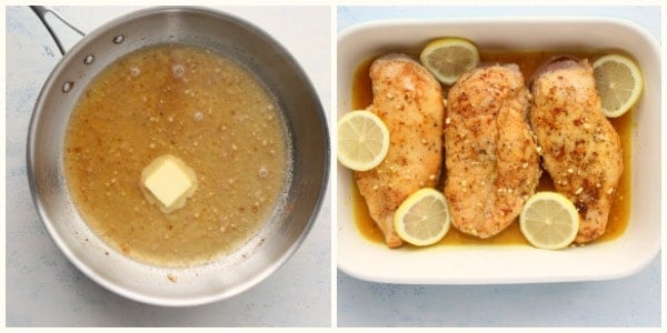 Sauce in skillet and chicken in baking dish.