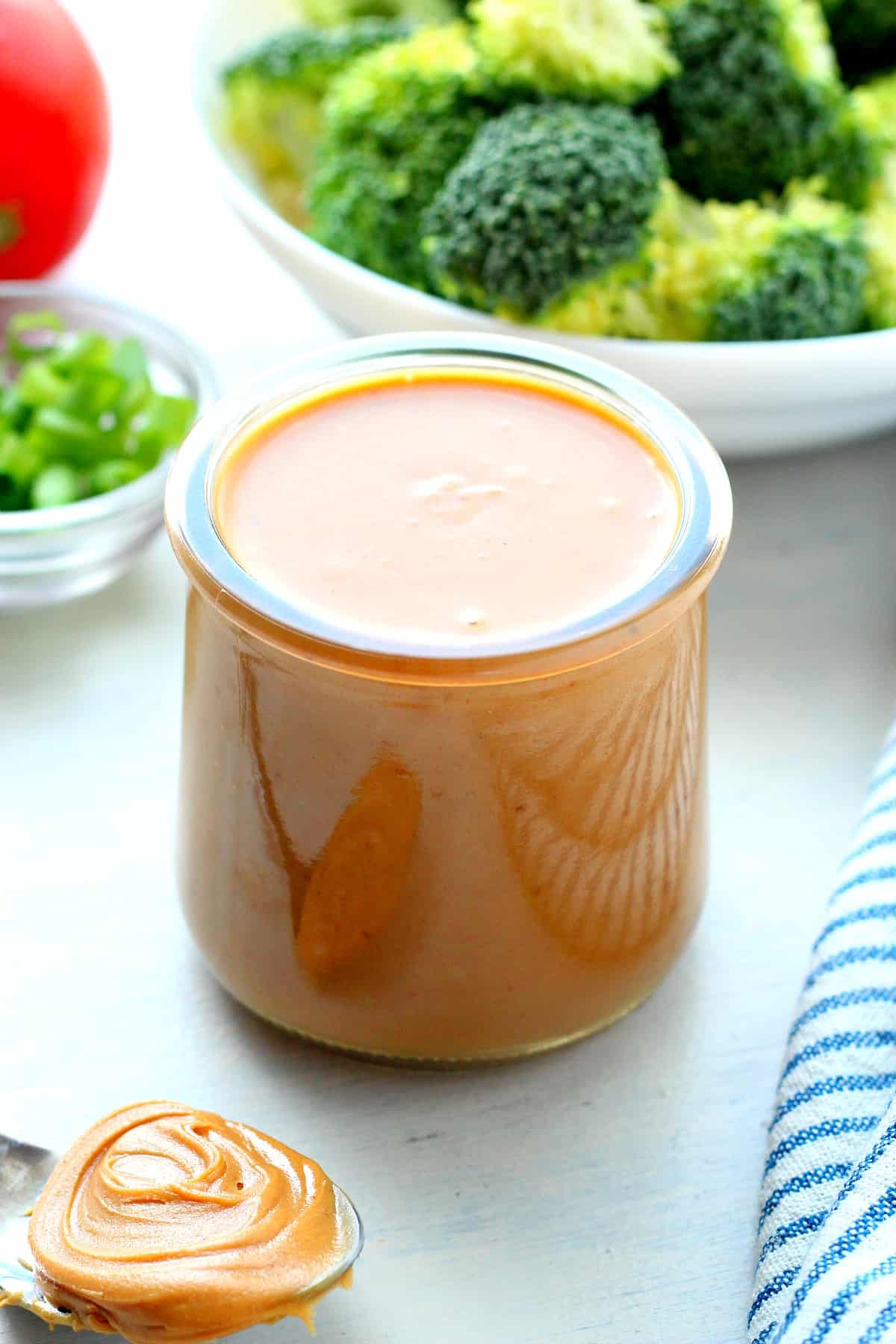 Peanut Dressing Recipe Peanut dressing in a jar.