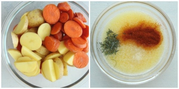 Cut up potatoes and carrots in a bowl.