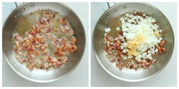 Cooking bacon, onion and garlic in a pan.