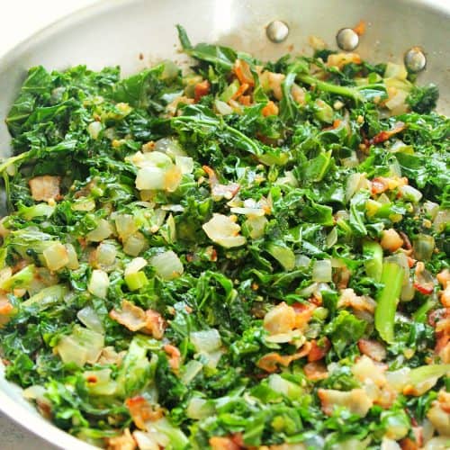 Sauteed kale in a skillet.