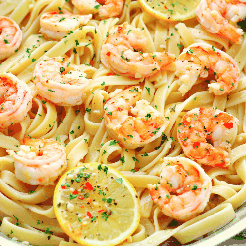 Shrimp pasta in a pan.