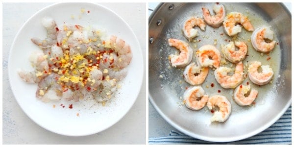 Shrimp seasoned and in pan.