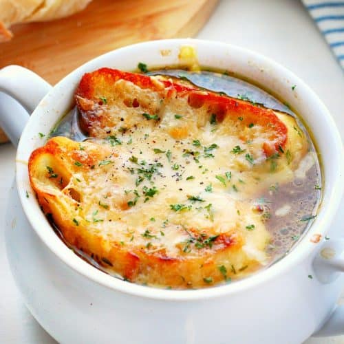 French onion soup in a bowl.
