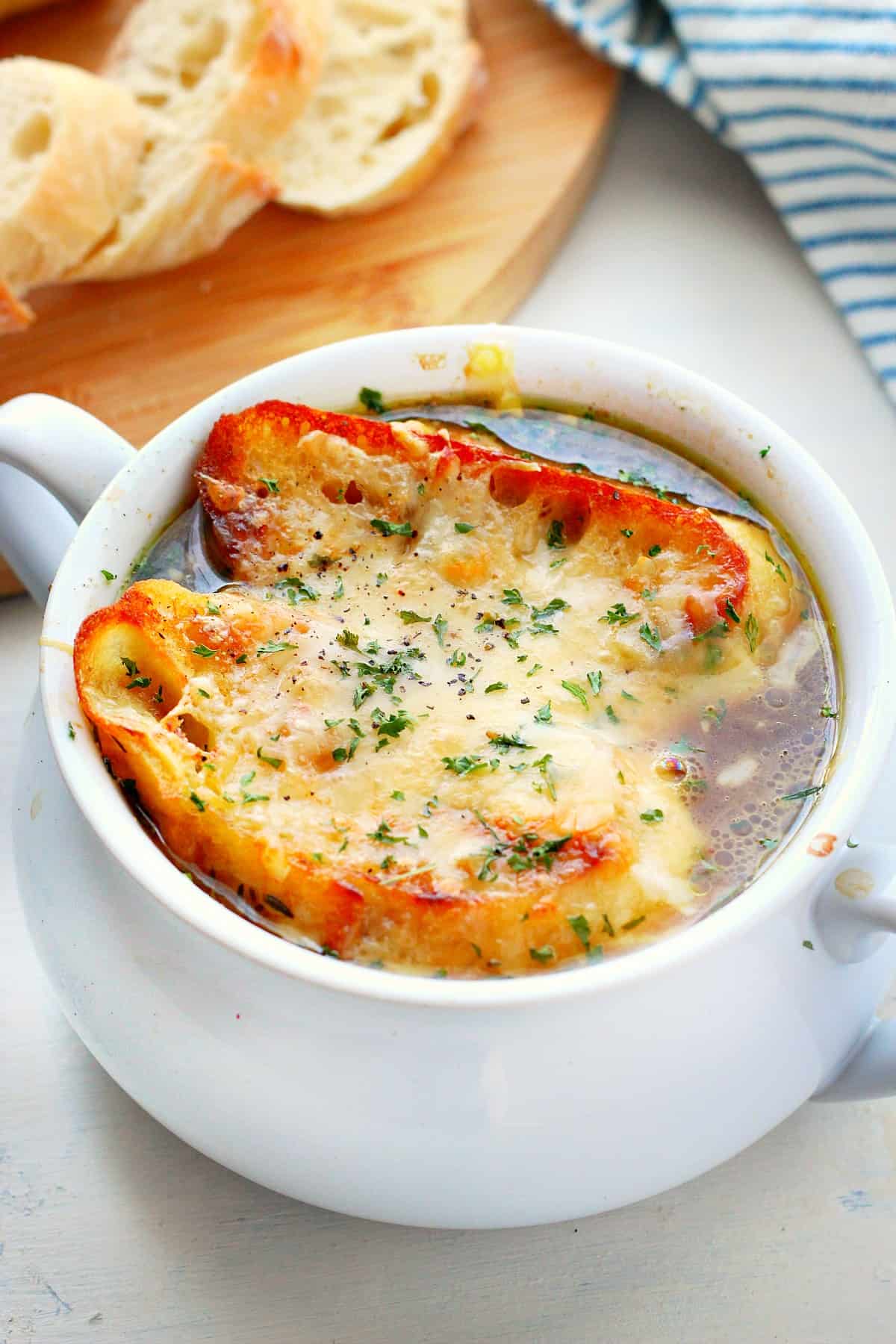 French onion soup in a bowl.