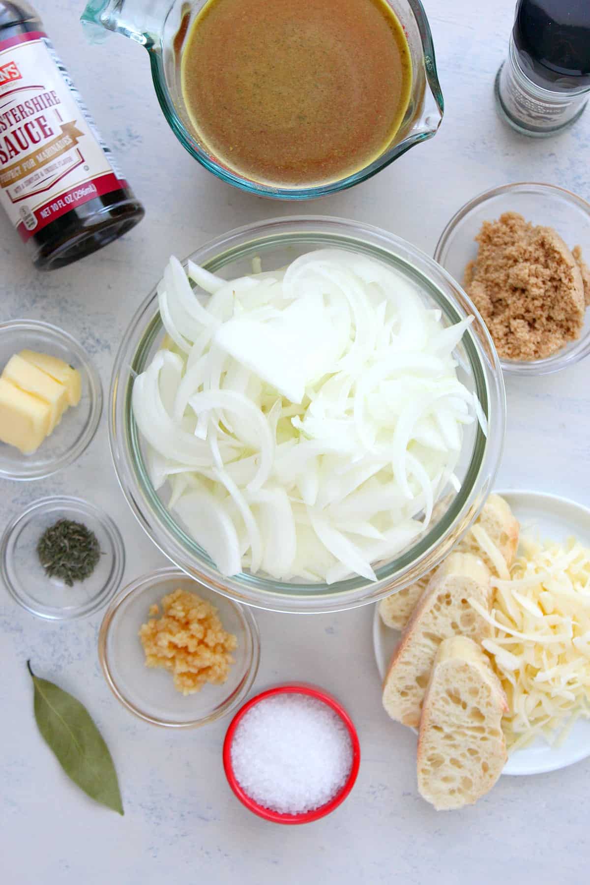 Ingredients for the soup on a white board.