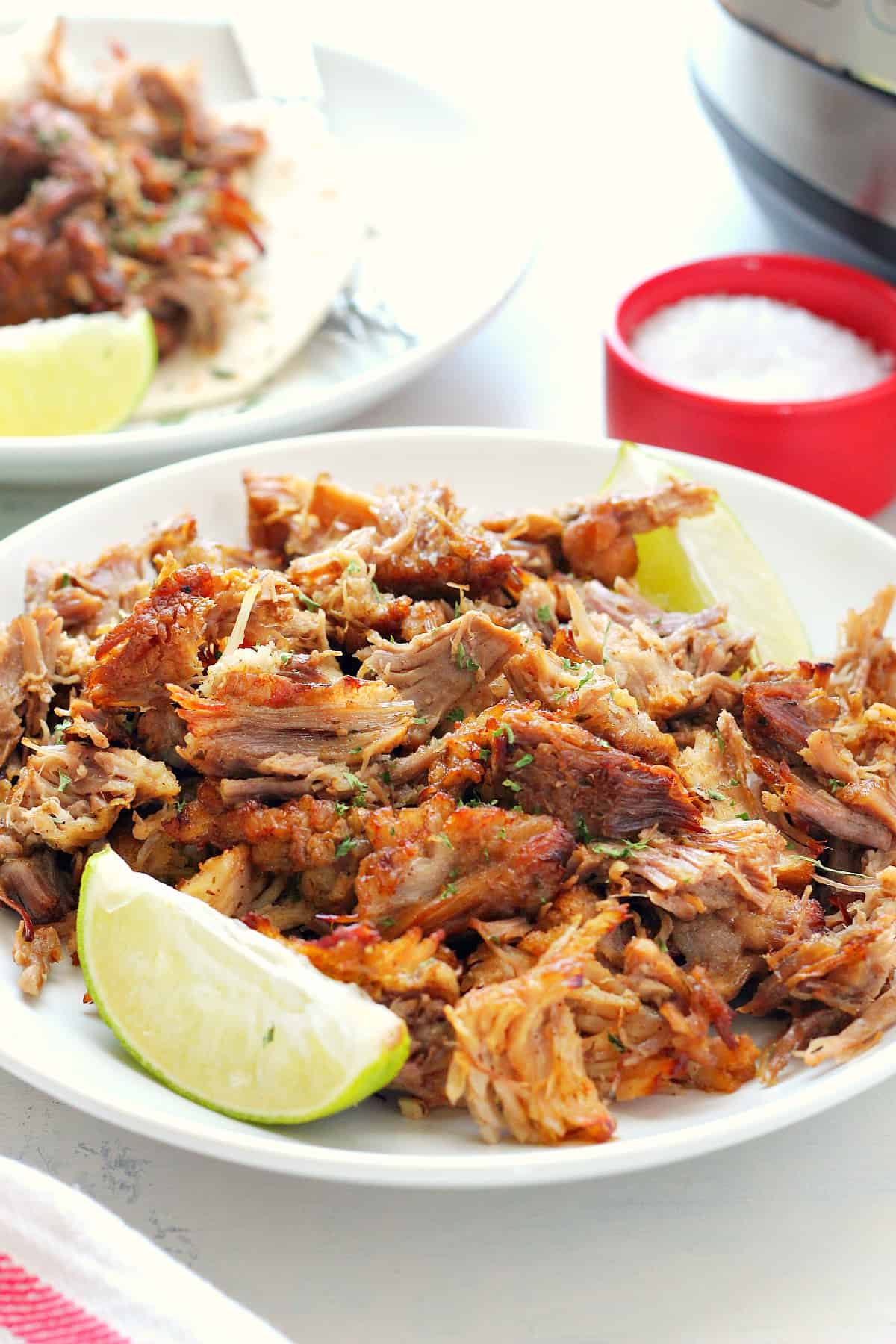 Carnitas meat on a white plate.