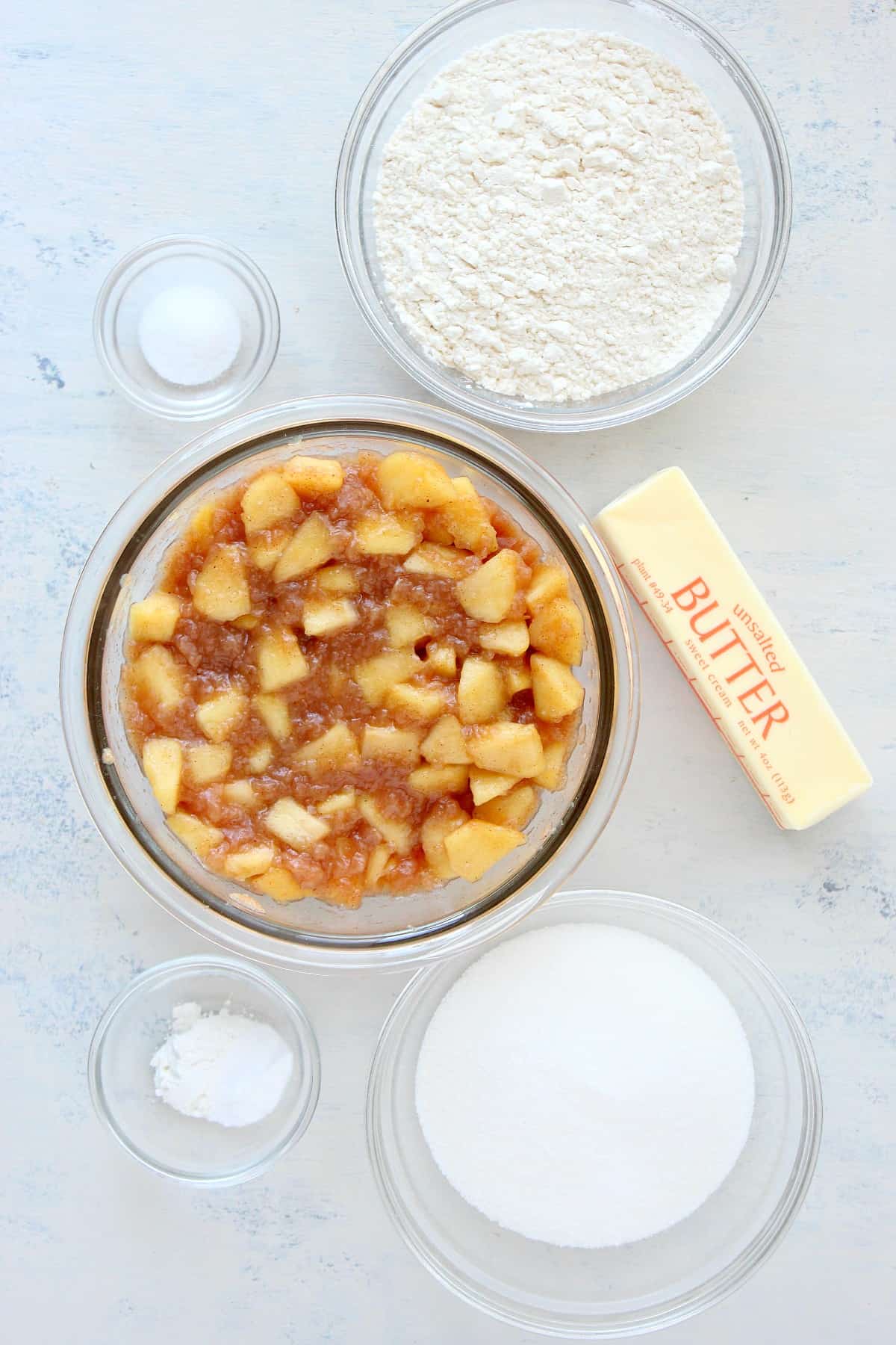 Ingredients for cake on a white board.