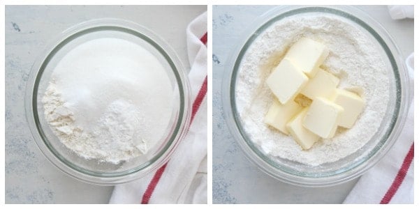 Dry ingredients and butter in a bowl.