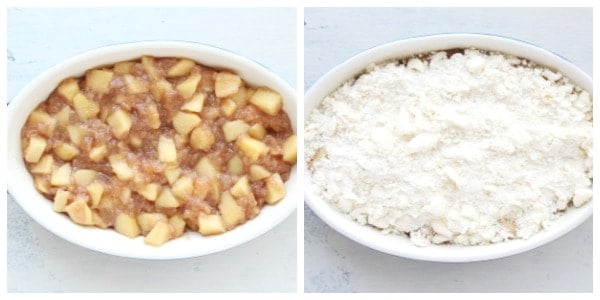 Apple pie filling and topping in a dish.