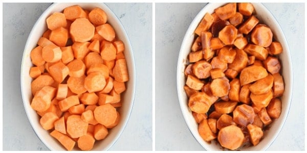 Cut up sweet potatoes in a baking dish.
