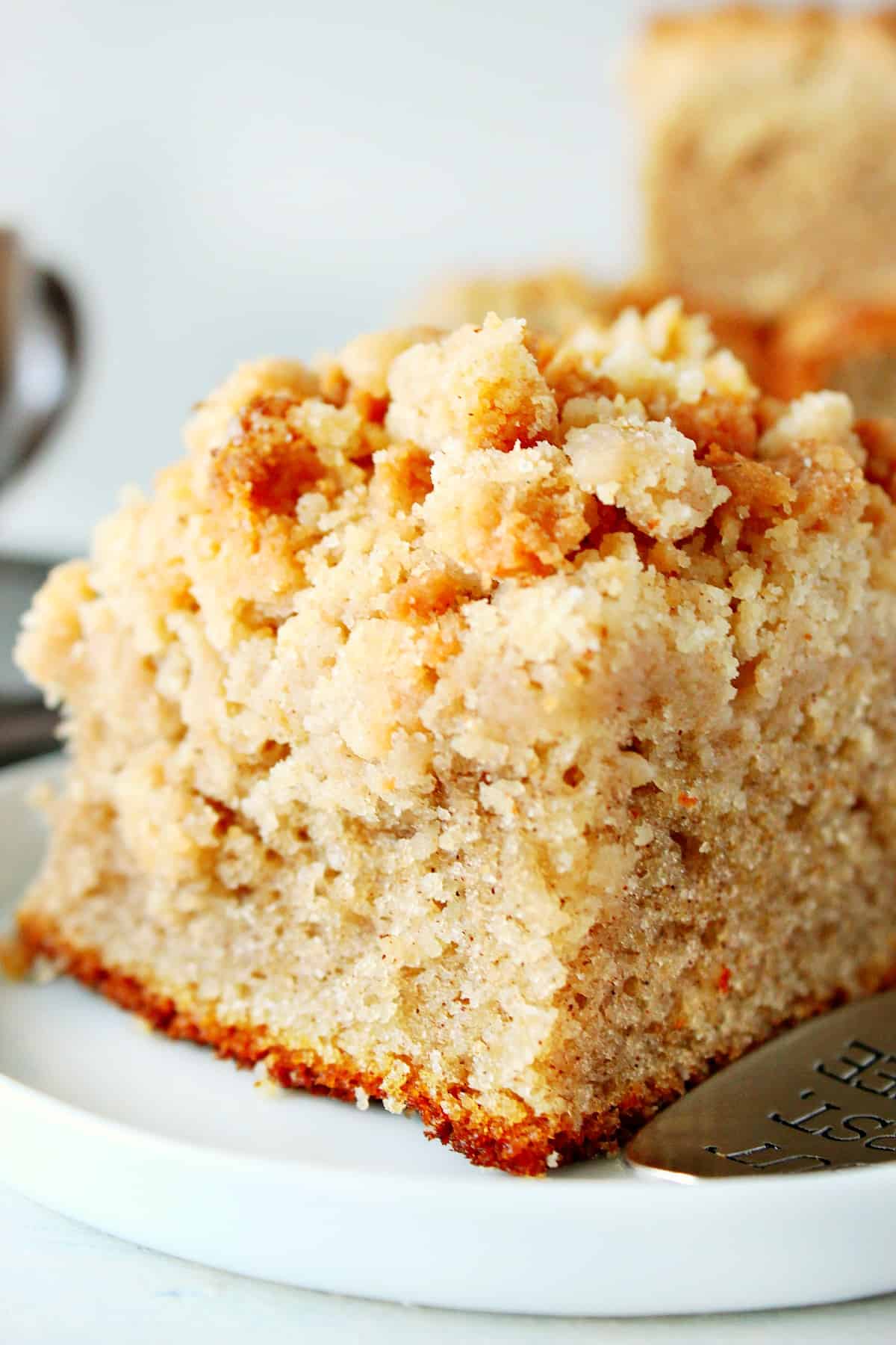 Piece of crumb cake on a white plate.