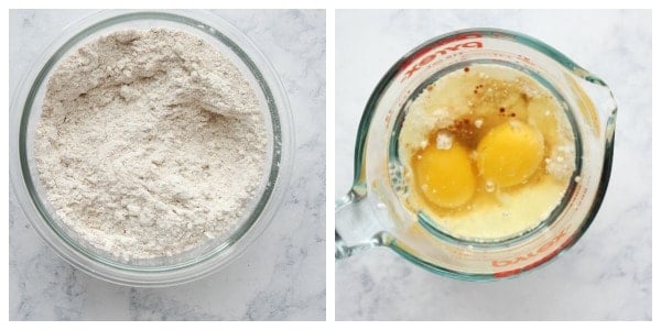 Dry ingredients in a bowl and wet ingredients in a glass cup.