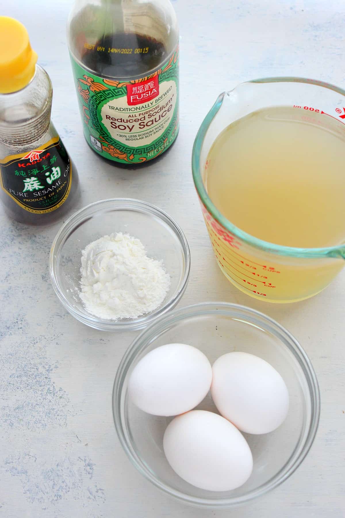 Soup ingredients on a board.