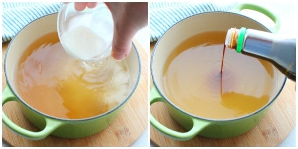 Adding cornstarch and soy sauce to soup.