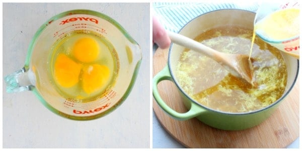 Eggs in a cup and adding them to soup.