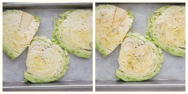 Cabbage slices on a baking sheet.