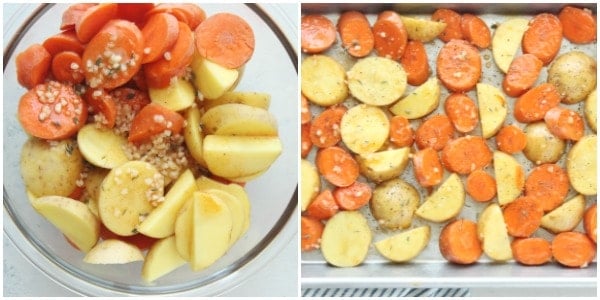 Seasoning vegetables and placing on baking sheet.