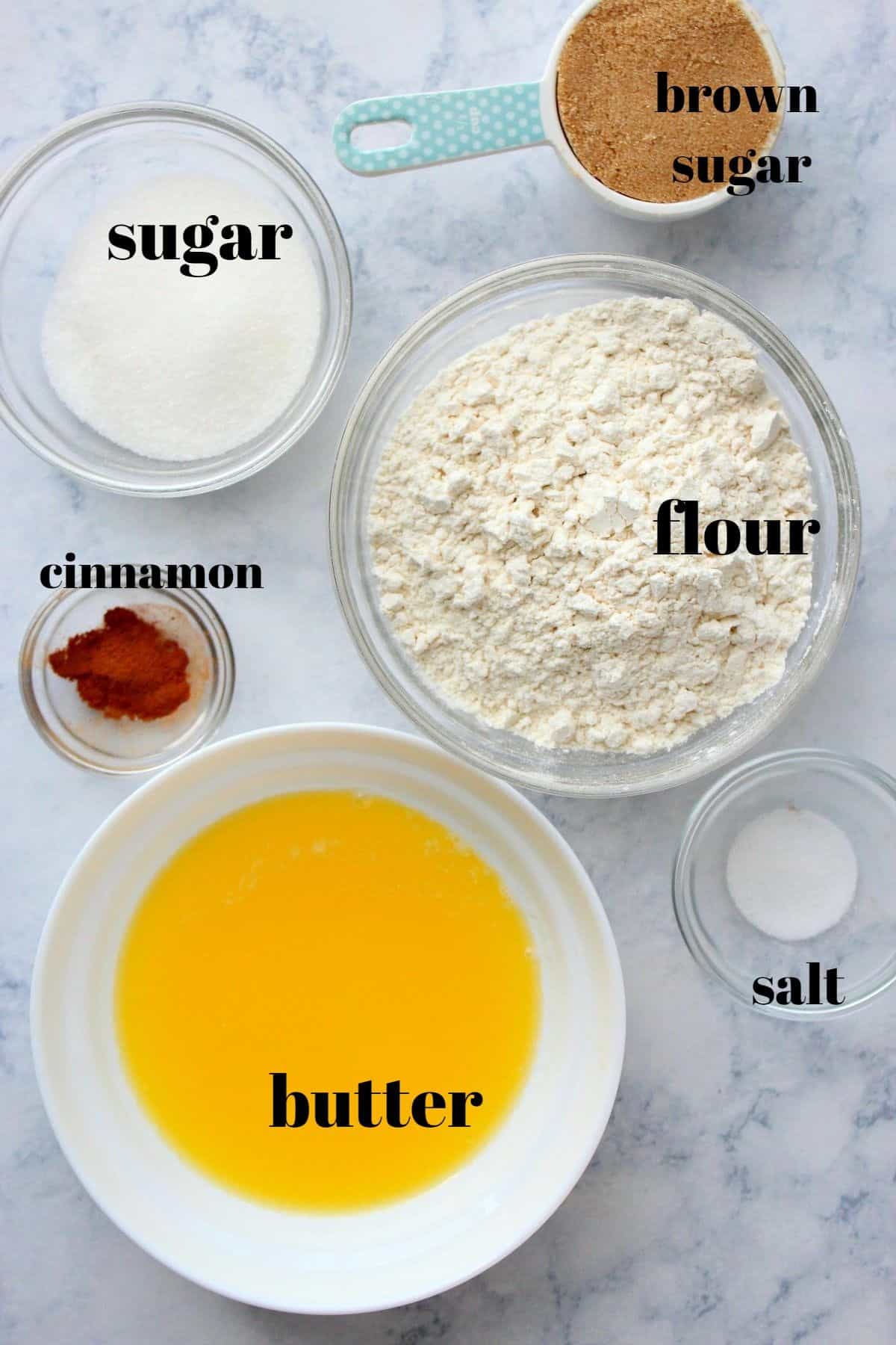 Streusel ingredients on a marble board.