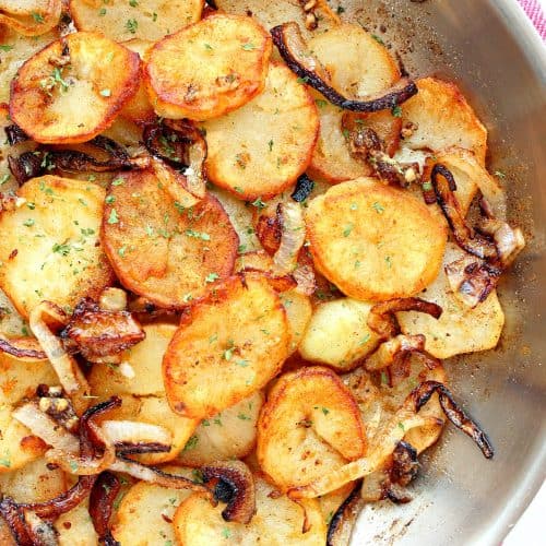 Potatoes in a skillet.