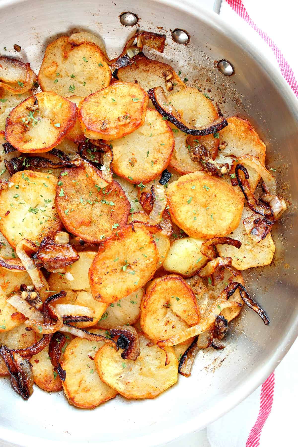 Potatoes in a skillet.
