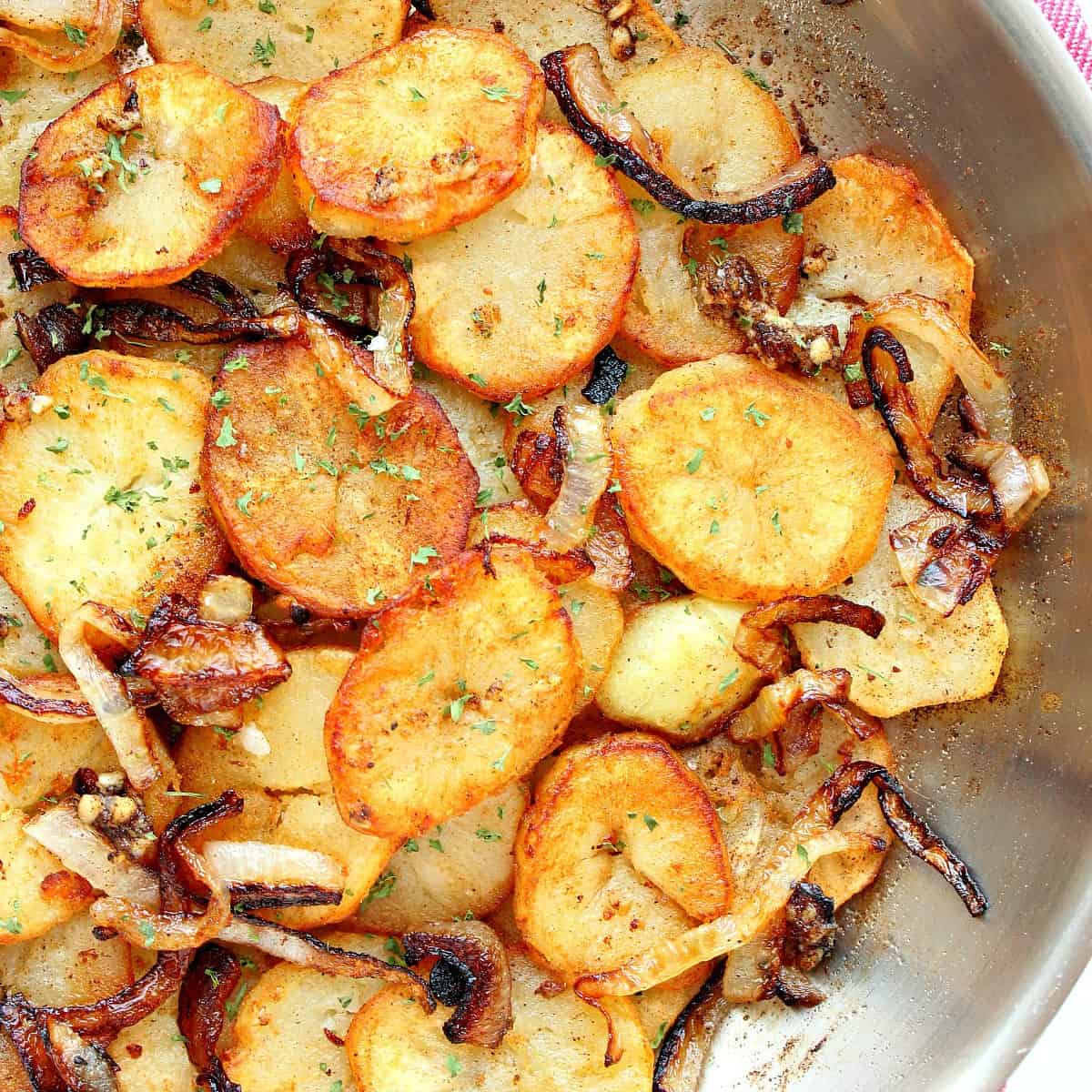 Potatoes in a pan.