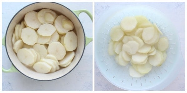 Cooking sliced potatoes.