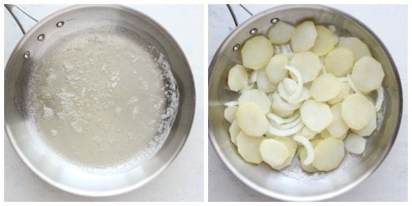 Oil and butter in pan, added potatoes.