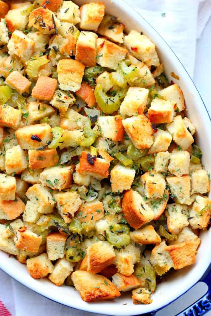 Stuffing in a baking dish.