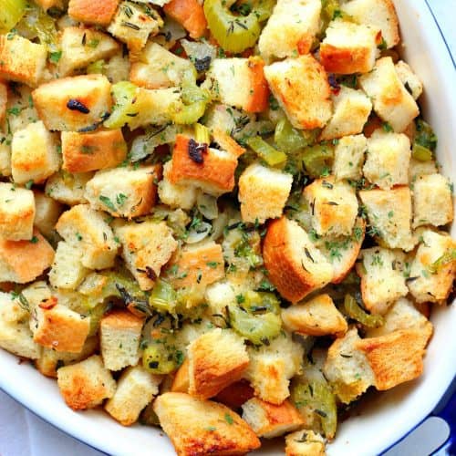 Stuffing in a baking dish.