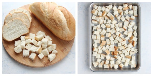 Drying bread on a baking sheet.