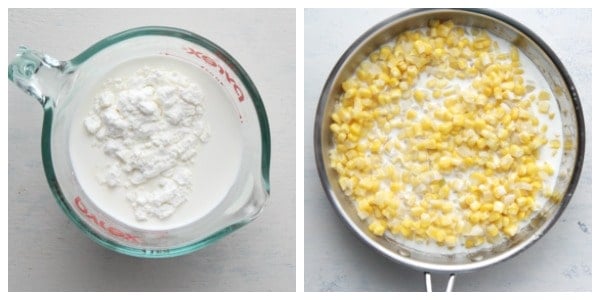 Cornstarch mixture in a cup and in skillet.