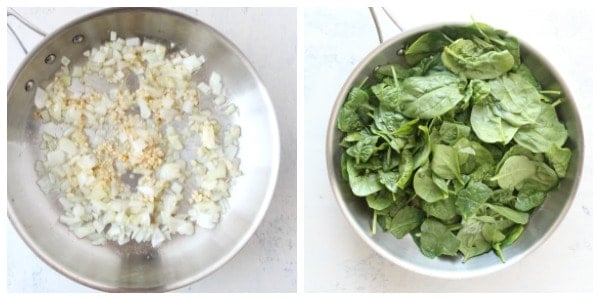 Sauteed onion and fresh spinach in a pan.