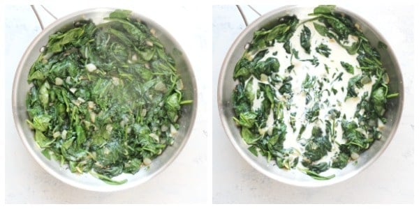 Sauteed spinach and cream in pan.