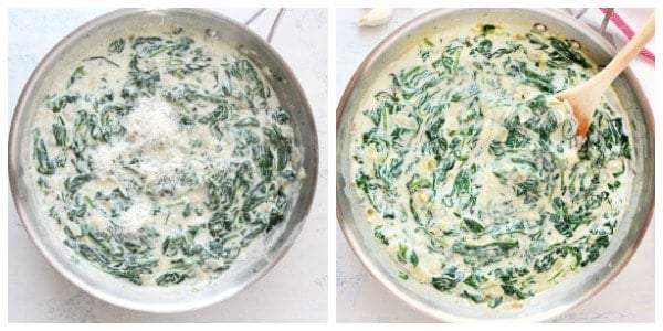 Spinach in sauce and Parmesan cheese in skillet.